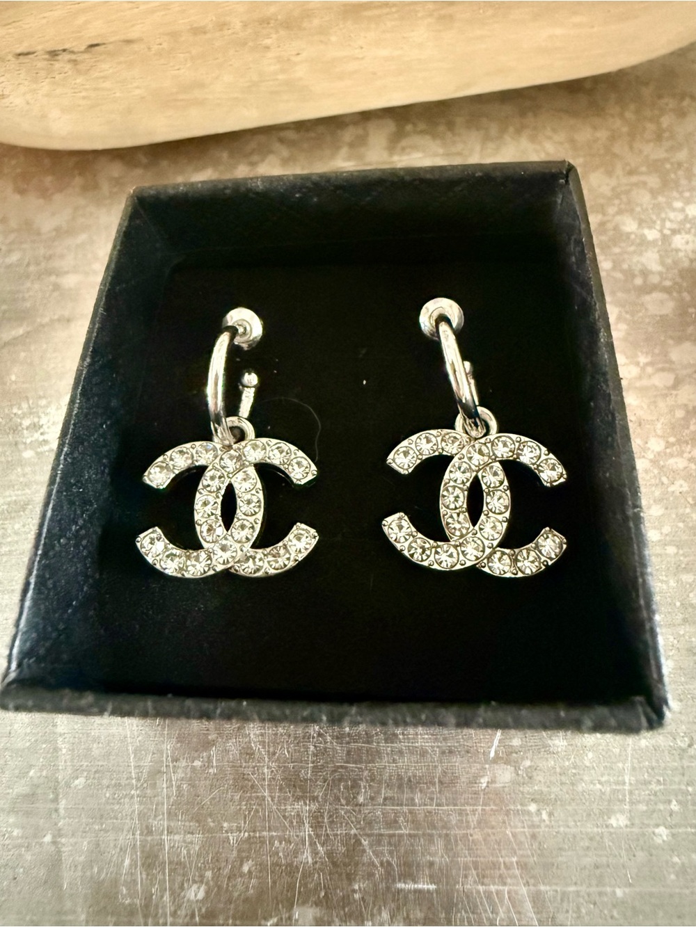 CC Logo Crystal Dangle Earrings - Silver